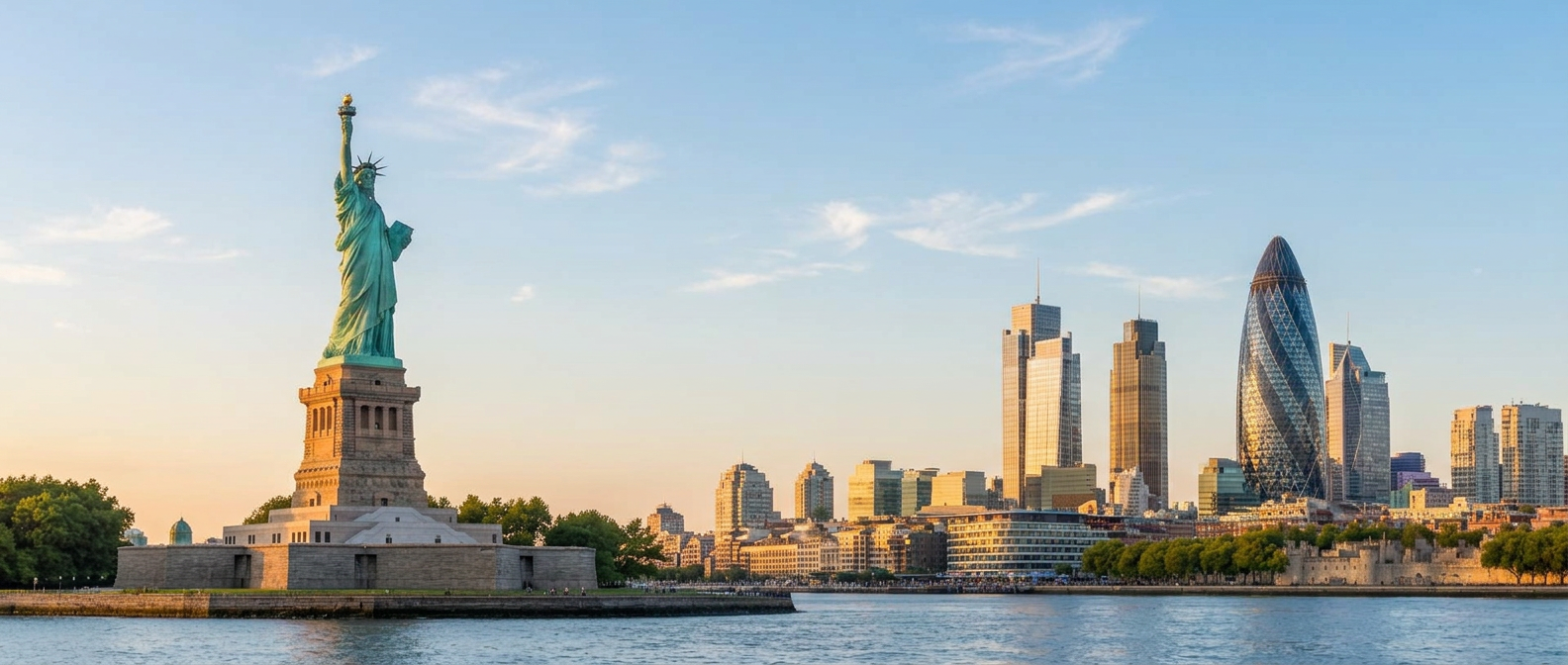The Statue of Liberty and the London skyline including the Gherkin